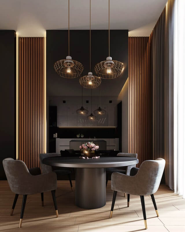 Gray Dining Table Under Pendant Lamps 1